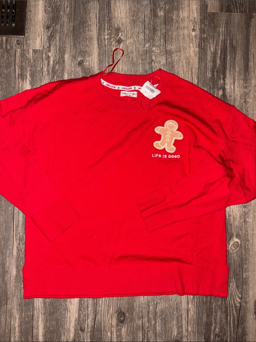 Life Is Good Red Crewneck Sweater with Gingerbread Patch NWT LG